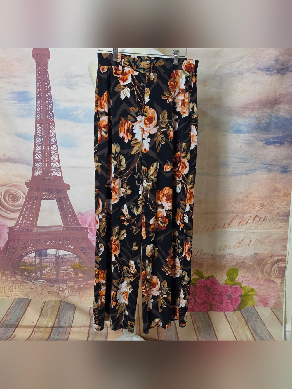 The Wide Leg Black Floral Wide Leg Pants - Orange & Cream Roses Sz S